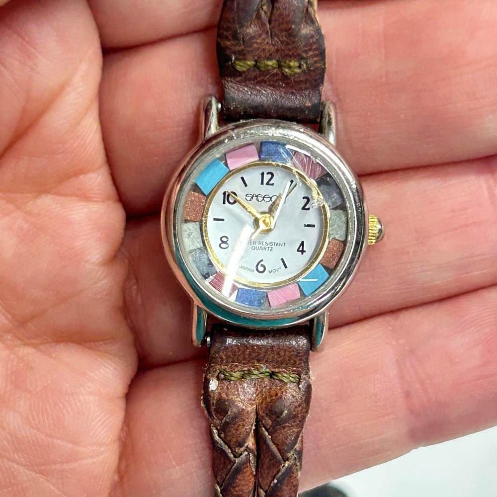 Vintage Speidel Mosaic Inlay Braided Leather Watch OS Brown Boho Eclectic Artsy